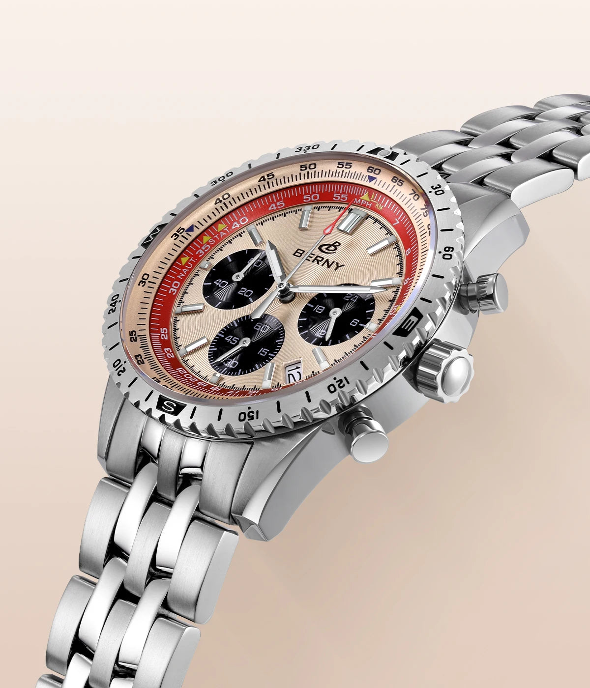 Montre chronographe BERNY pour homme, montre de pilote d'aviation multifonction à quartz avec date, verre saphir et luminescence intense. Montre-bracelet de luxe.