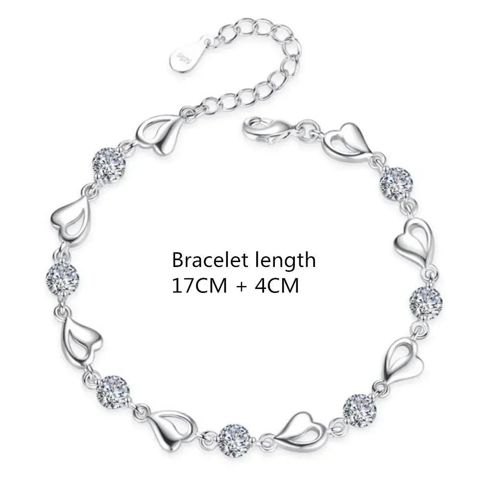 Jewelry Set - 925 Silver Heart Necklace Bracelet Korean Crystal Set