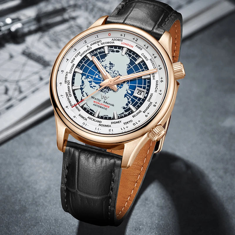 Montre WM automatique mécanique pour homme, haute qualité, verre saphir, heure mondiale, marque originale reconnue Welly Merck, référence WM057