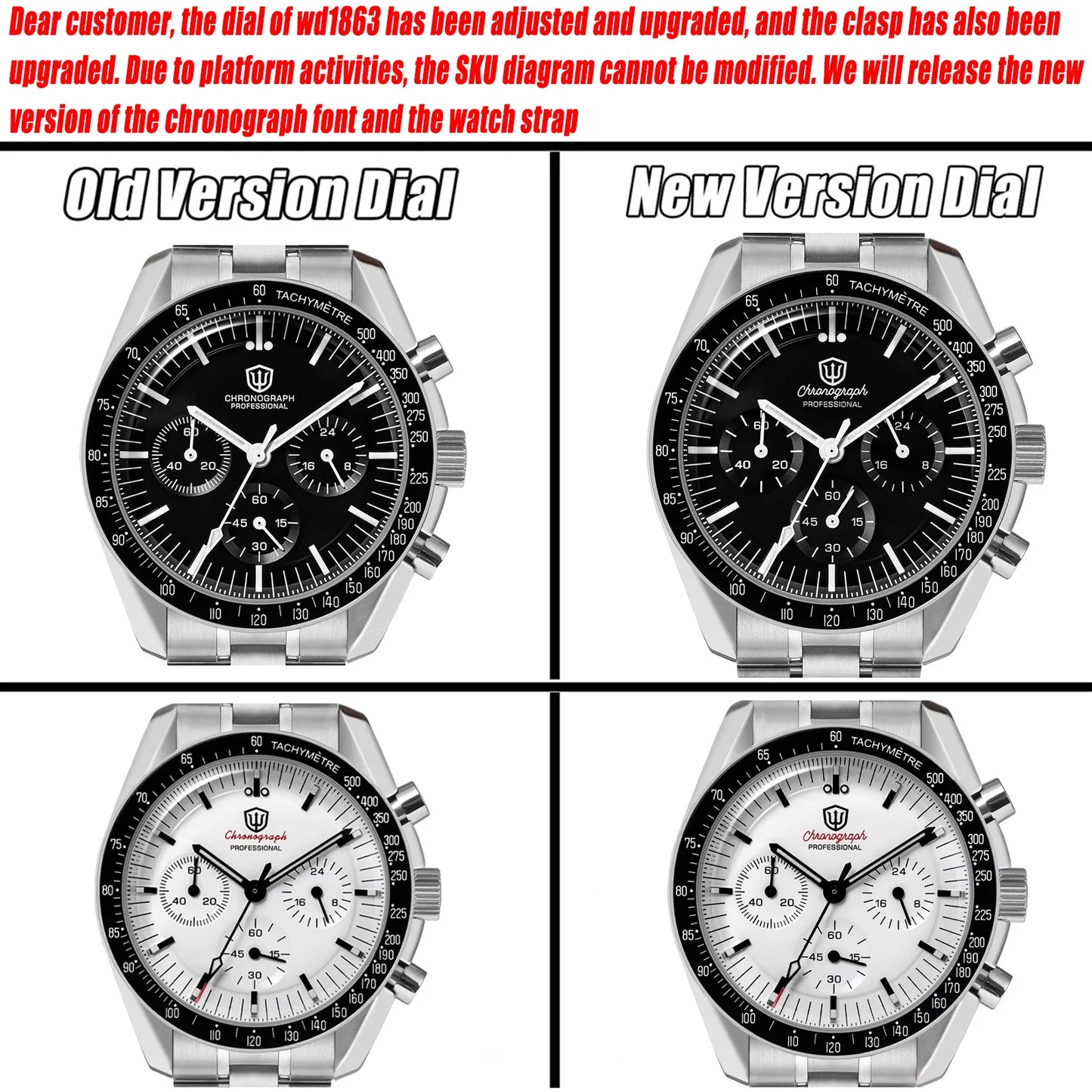 Montre Watchdives WD1863 à quartz, mouvement chronographe VK63, verre saphir bombé, étanche à 10 bar, luminescente, 39 mm, style vintage