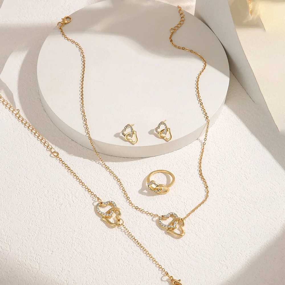 Jewelry Set - 5pcs Gold Rhinestone Heart Earrings Necklace Bracelet Ring Set