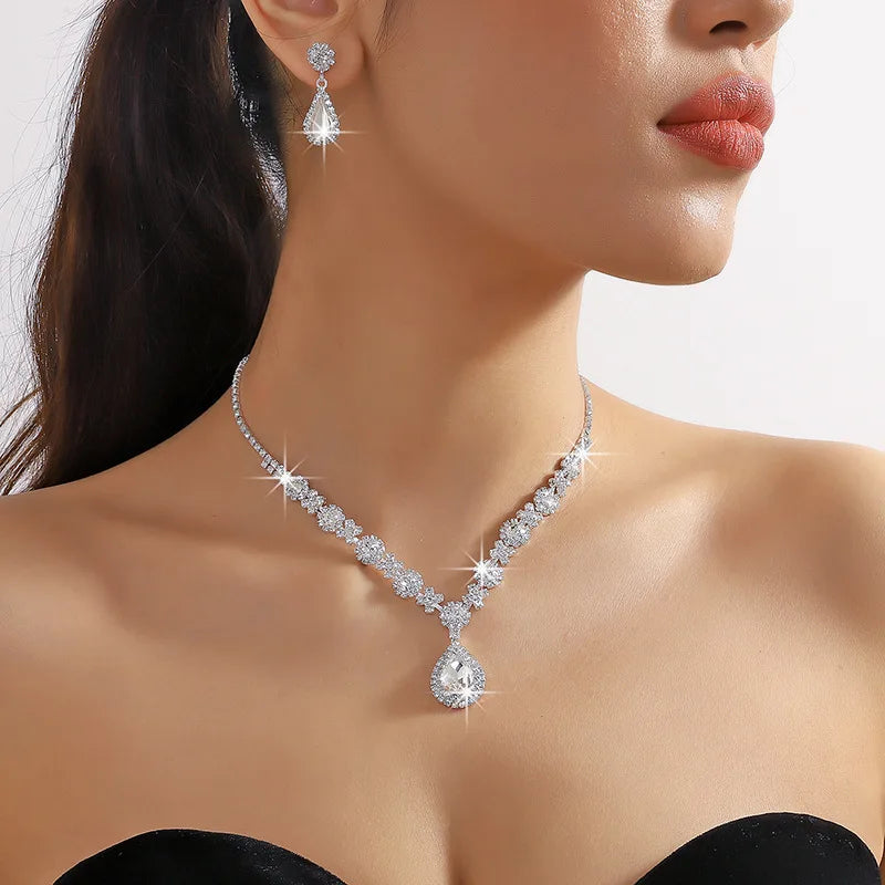 Jewelry Set - 3pcs Crystal Droplet Necklace Earrings Wedding Set