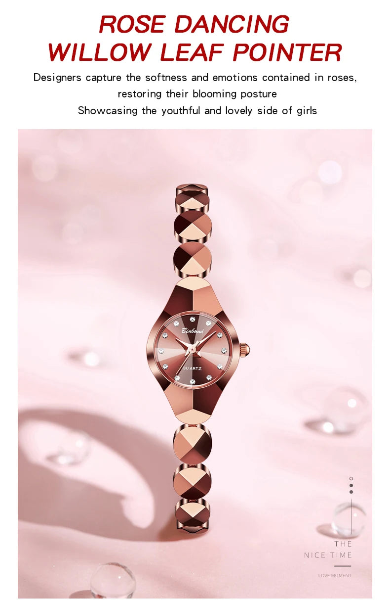 ساعة BINBOND النسائية - سوار فولاذي فاخر مقاوم للماء