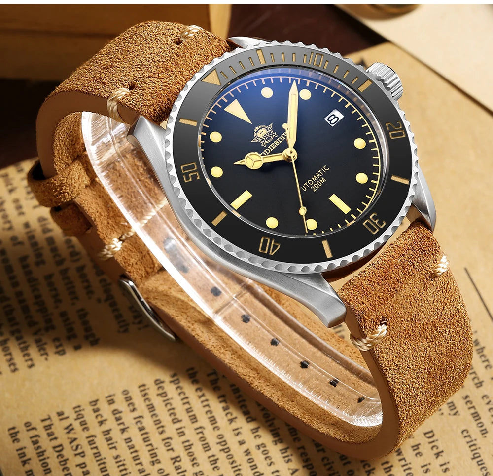 ساعة يد ADDIESDIVE Business Vintage Leather مقاومة للماء أوتوماتيكية ميكانيكية من الفولاذ للرجال ساعة كاجوال أوروبية أمريكية