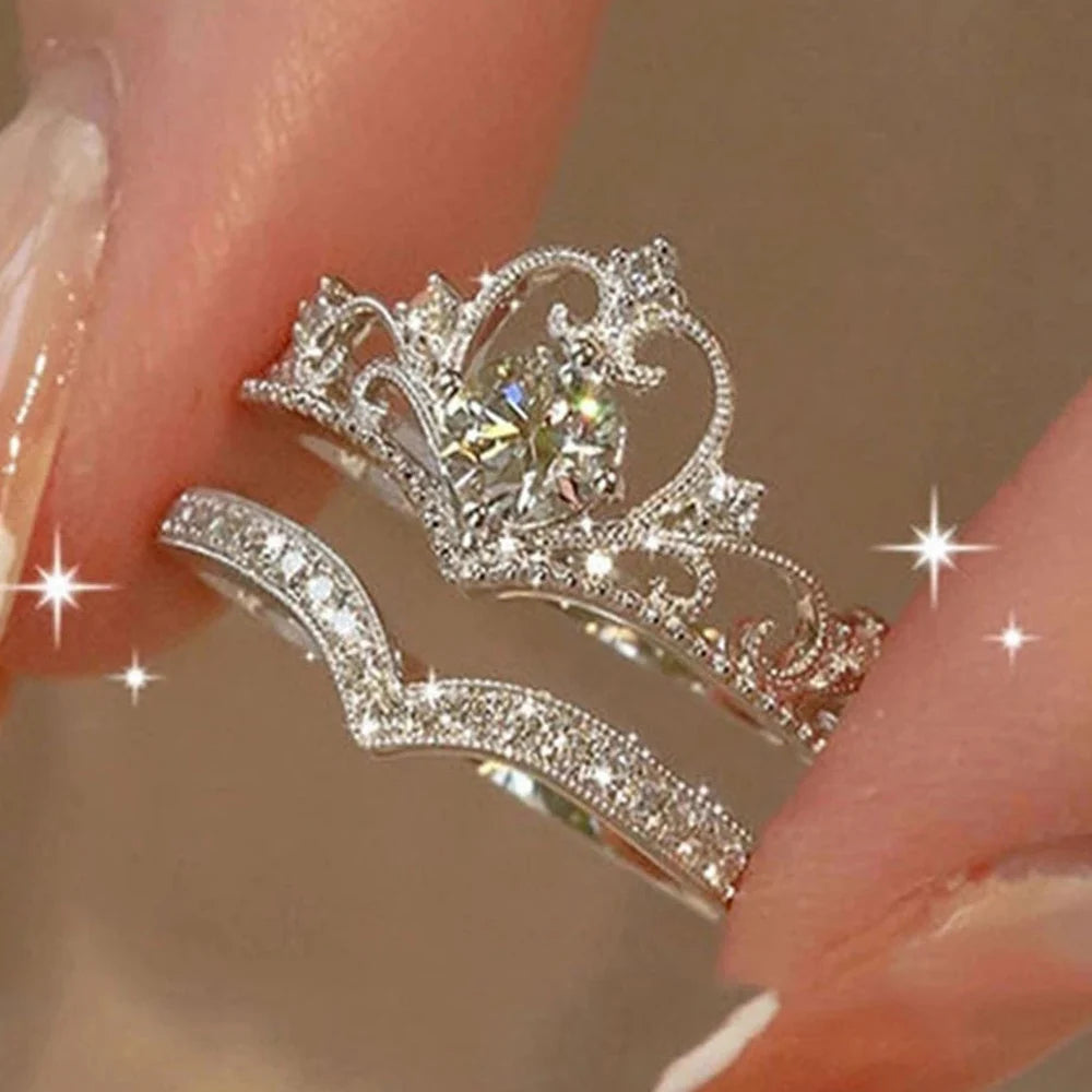 Fairy Crown Ring Set - 2pcs Sparkling Crystal Adjustable Rings