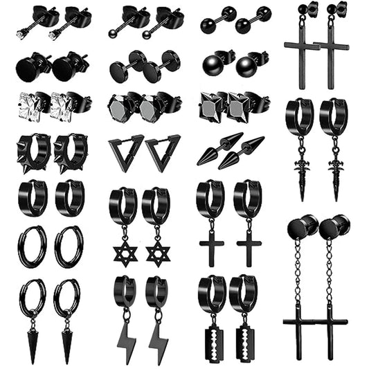 Men's Earrings Set - 22 Pairs Black Stainless Steel Stud Hoop Earrings