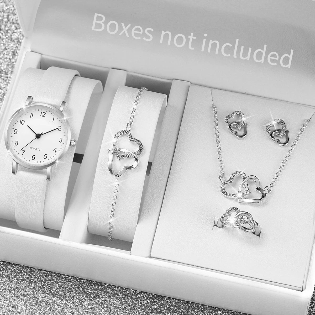 5/6 قطع ساعة كوارتز نسائية أنيقة بسوار جلدي ساعات كوارتز تناظرية مع مجوهرات ماسية (بدون علبة)