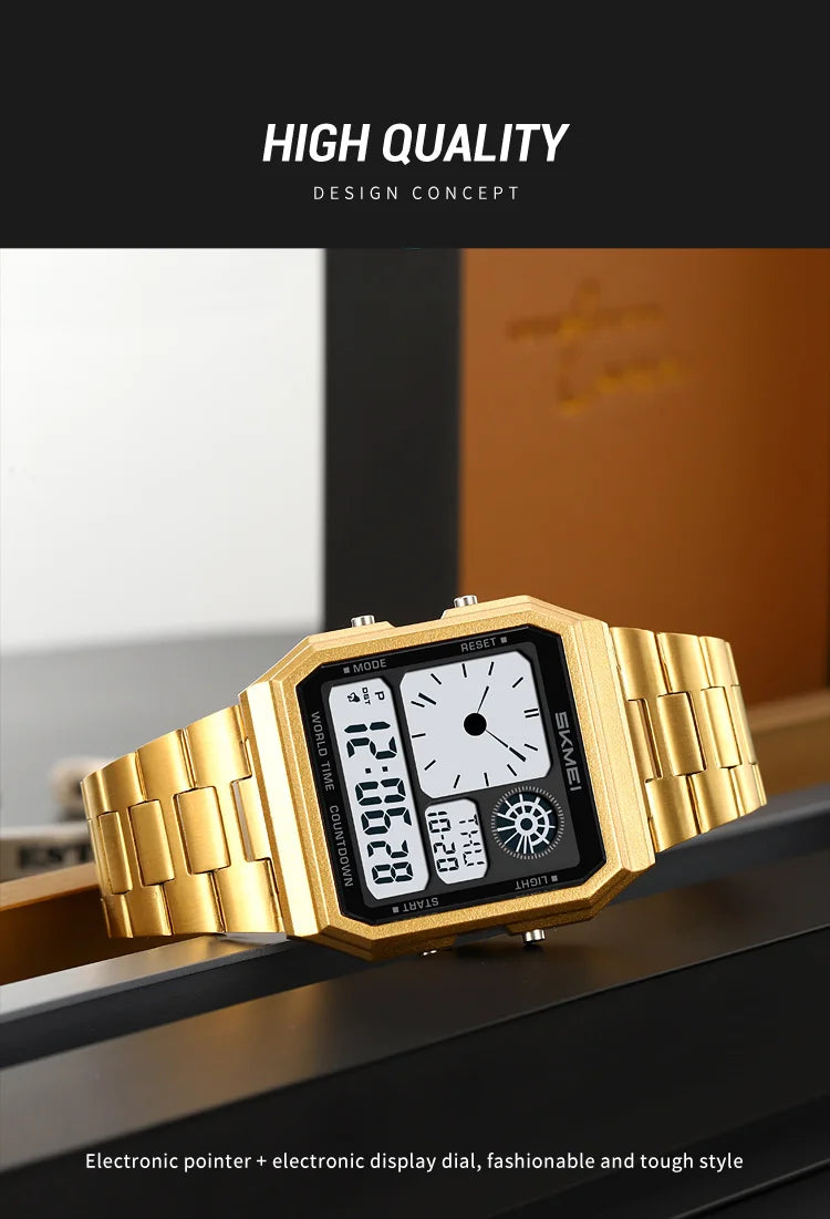 ساعة سكمي الإلكترونية الرقمية العالمية للرجال والنساء مقاومة للماء والرياضات الخارجية بسوار من الفولاذ المقاوم للصدأ ساعات يد للرجال