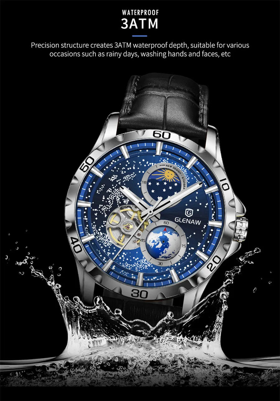 Montre-bracelet GLENAW à double trotteuse rotative pour homme, automatique, mécanique, ciel étoilé, acier inoxydable, bracelet en cuir, motif Terre étoilée