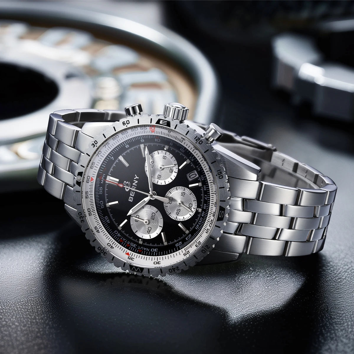 Montre chronographe BERNY pour homme, montre de pilote d'aviation multifonction à quartz avec date, verre saphir et luminescence intense. Montre-bracelet de luxe.