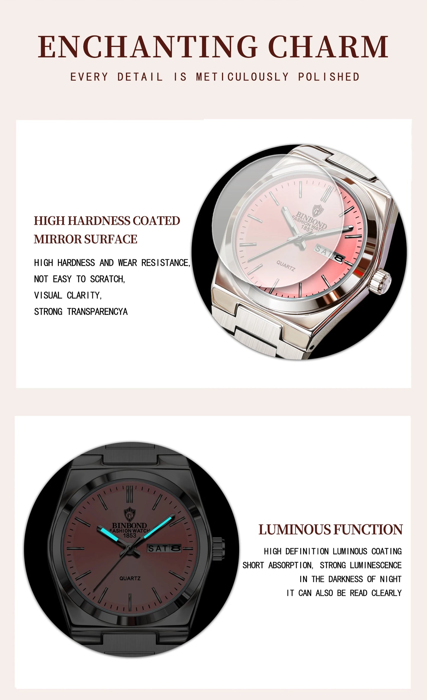 Montre femme BINBOND 103 - Montre à quartz ultra-mince à double calendrier