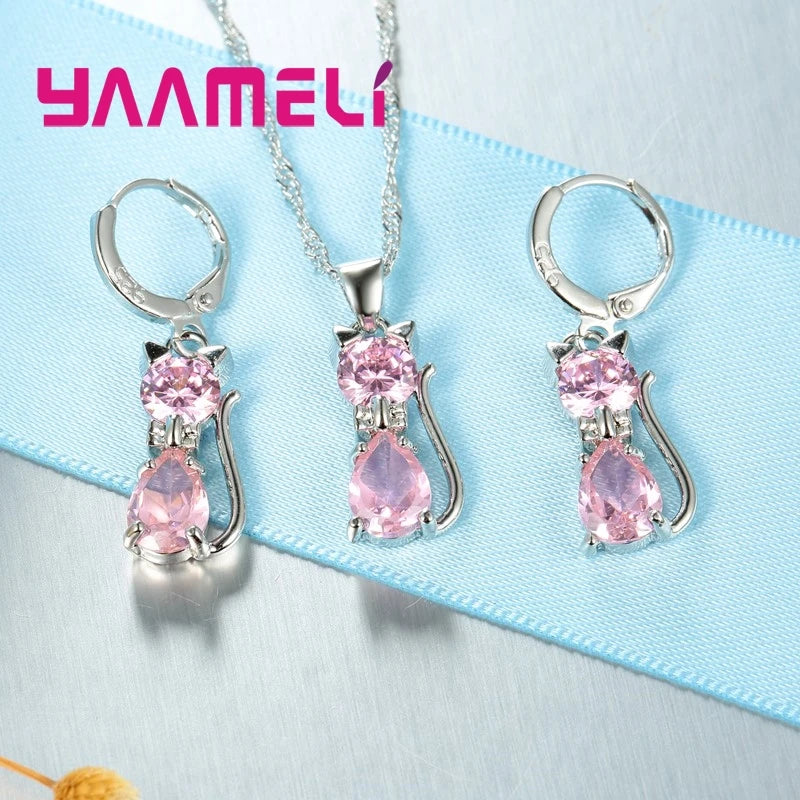 Jewelry Set - 925 Silver Cat Pendant Necklace Huggie Earring Set