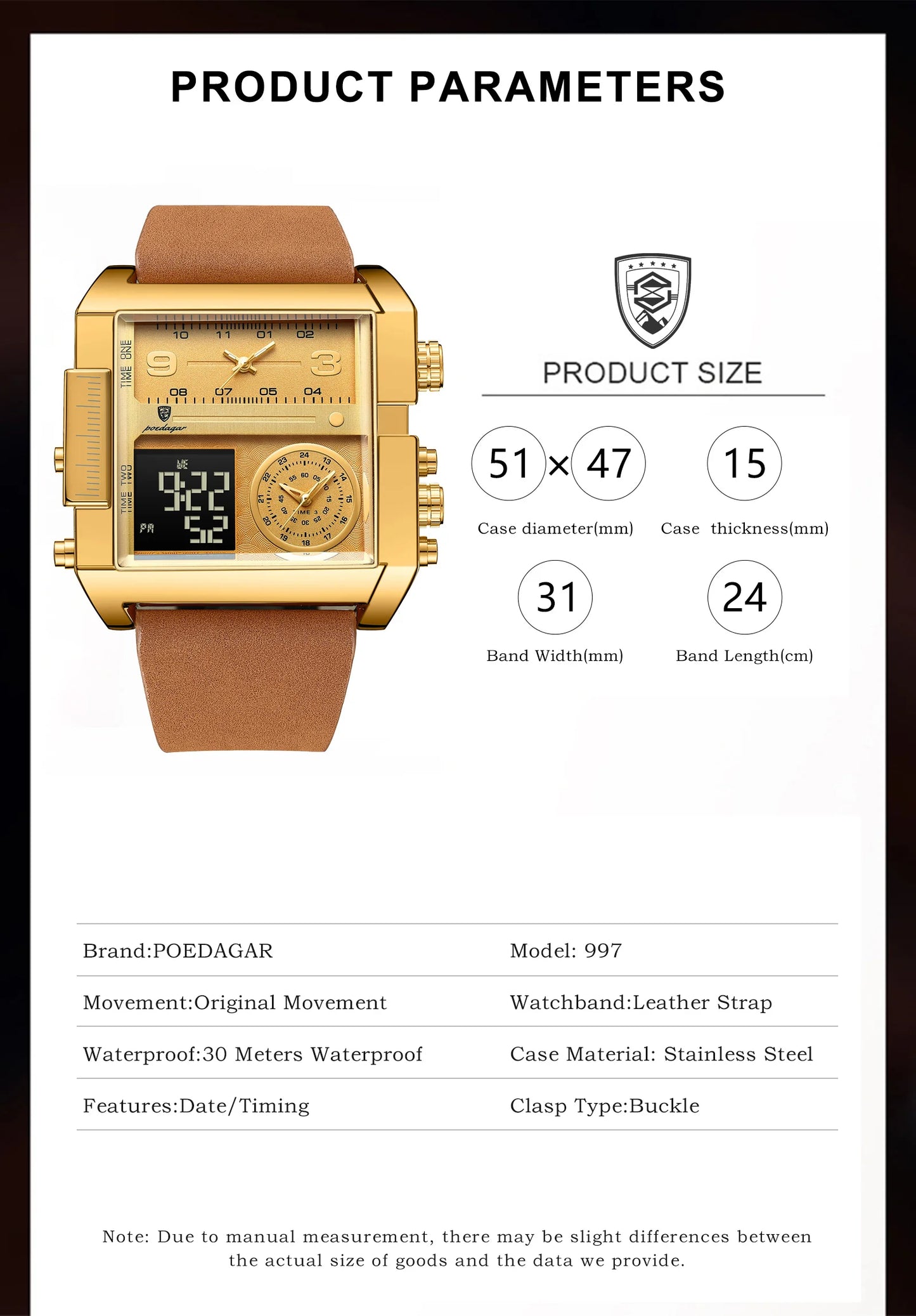 ساعة يد رجالية POEDAGAR أنيقة مقاومة للماء مضيئة بخاصية عرض التاريخ والأسبوع ساعة رجالية رقمية متعددة الوظائف فاخرة كوارتز ساعات رجالية Reloj