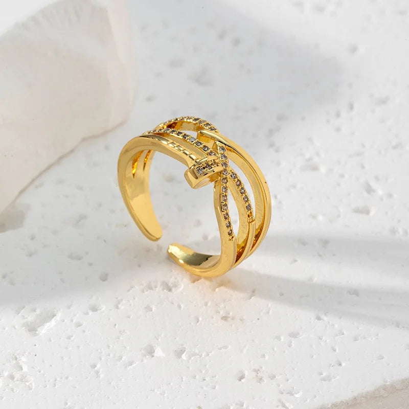 Bague de couple tendance - Bague ajustable en cuivre et zirconium avec cristal