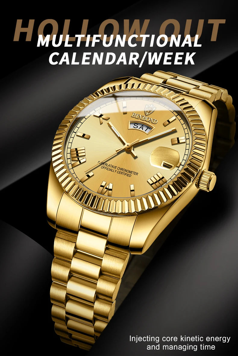 ساعة BINBOND B0733 للرجال فاخرة مقاومة للماء بتقويم مزدوج وإضاءة ليلية من الفولاذ المقاوم للصدأ كوارتز للرجال