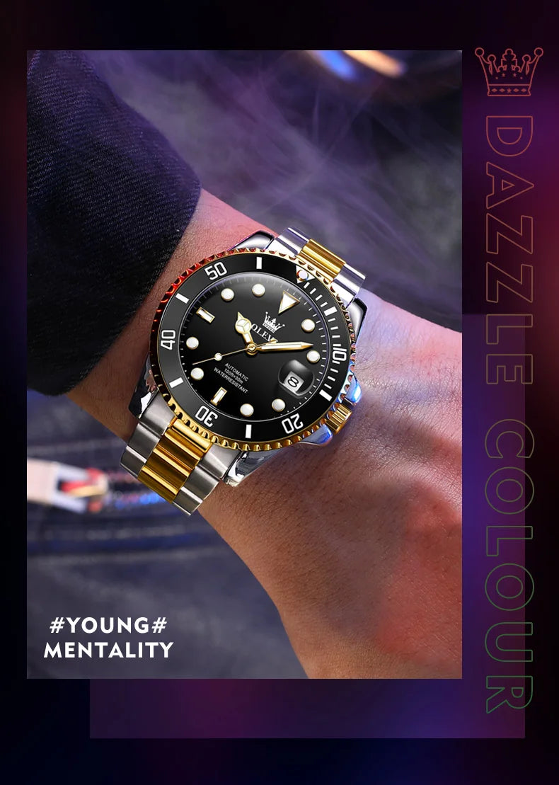 Montre homme OLEVS 6650, classique et originale, automatique, mécanique, avec index en zircon, étanche et lumineuse, en acier inoxydable.