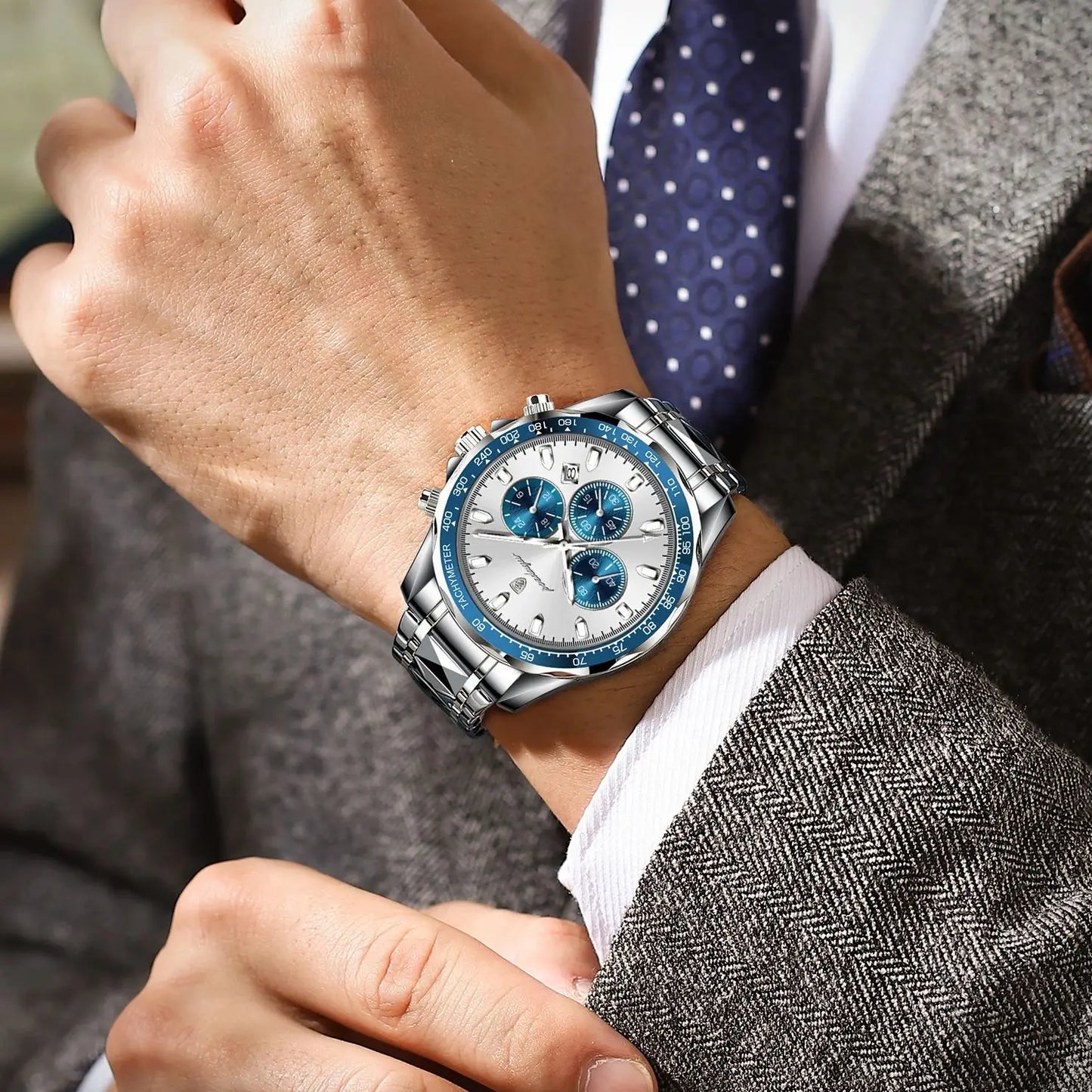 ساعة POEDAGAR للرجال من ماركة الأزياء المقاومة للماء والفولاذ المقاوم للصدأ ساعات رجالية مضيئة كرونوغراف وتاريخ كوارتز ساعة رياضية للرجال