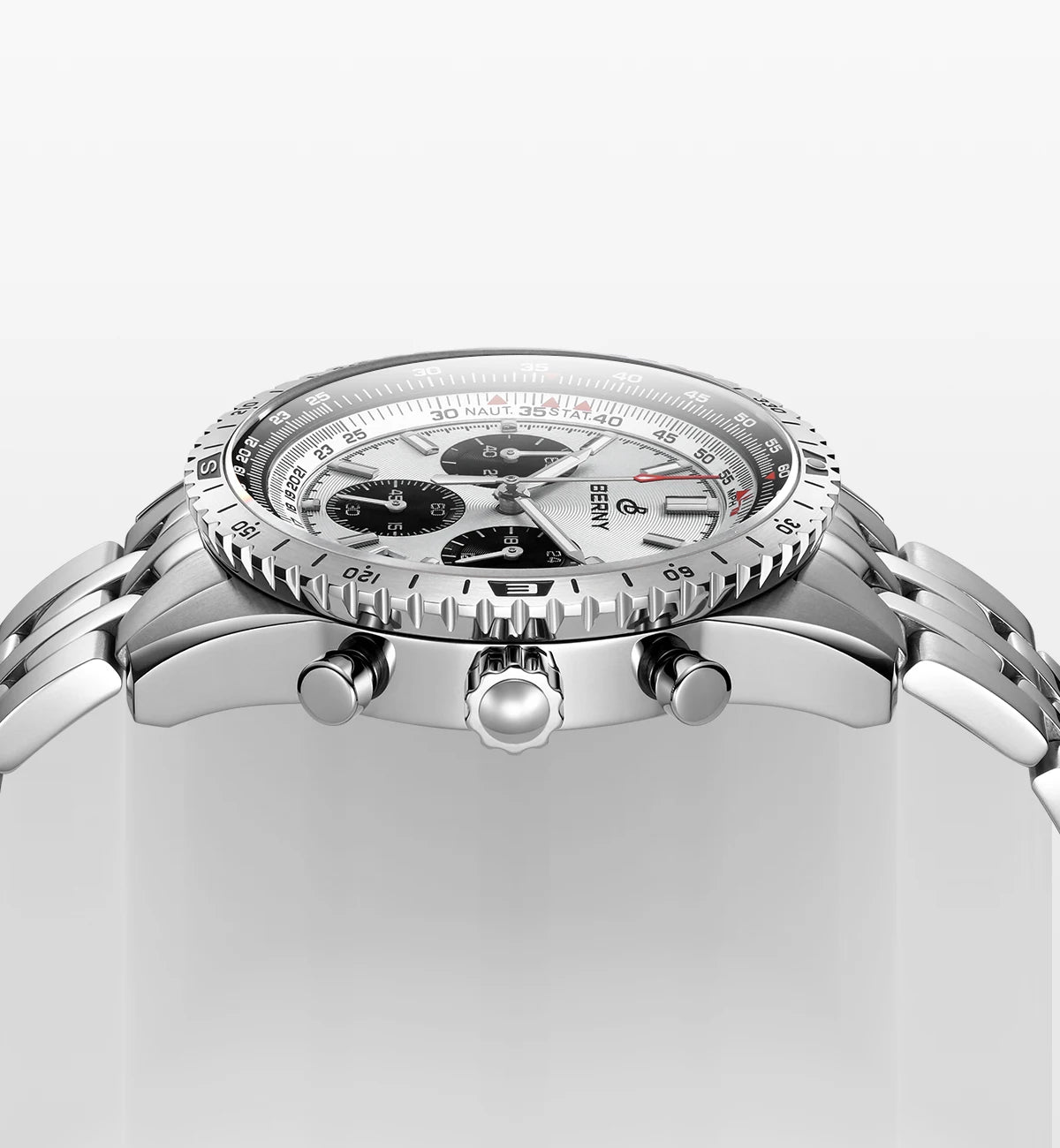 Montre chronographe BERNY pour homme, montre de pilote d'aviation multifonction à quartz avec date, verre saphir et luminescence intense. Montre-bracelet de luxe.