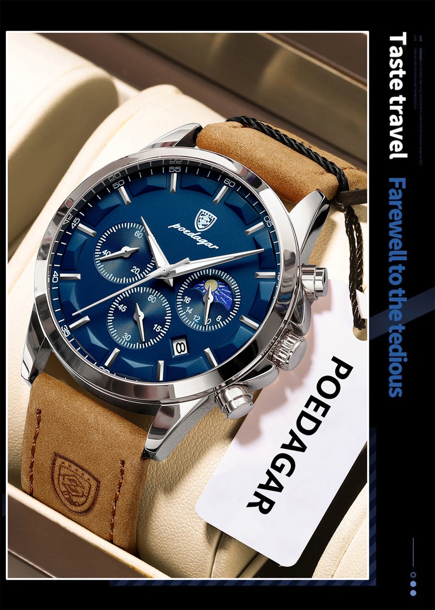 ساعة يد رجالية فاخرة من POEDAGAR مقاومة للماء كرونوغراف مضيئة مع تاريخ للرجال ساعة جلدية رياضية عسكرية كوارتز ساعات رجالية Reloj