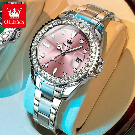 Montre femme OLEVS 9945 - Montre de luxe en acier avec calendrier et diamants