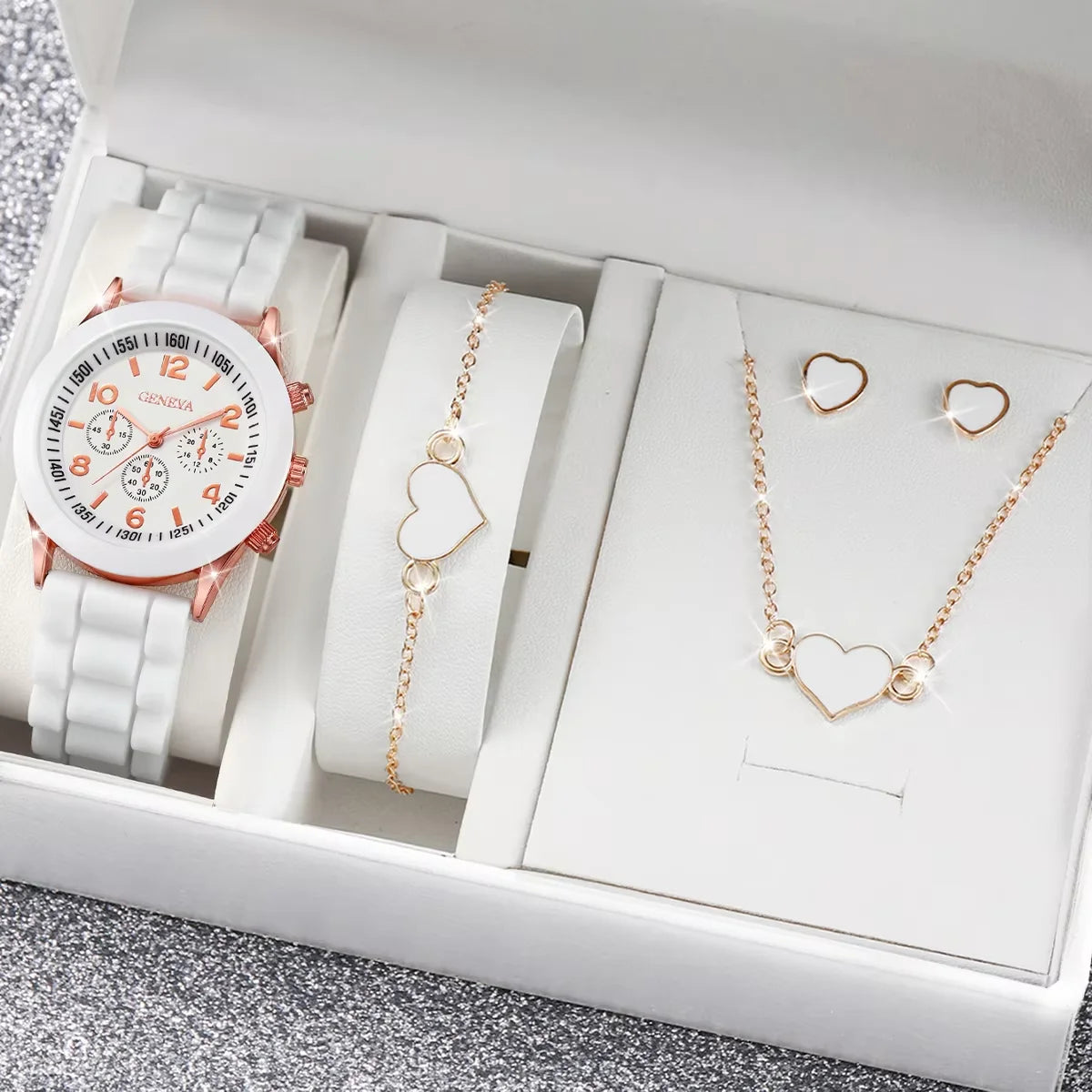 Geneva Watch Set - 4pcs Silicone Band Quartz Watches with Heart Jewelry