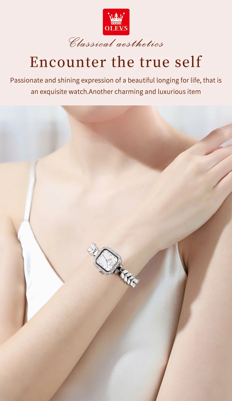 ساعة OLEVS 9987 النسائية - ساعة مربعة مقاومة للماء بسوار فولاذي