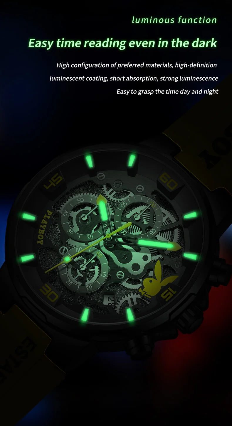 ساعة بلاي بوي الأصلية الفاخرة للرجال بحزام من السيليكون وساعة كوارتز أنيقة للرجال مقاومة للماء وساعة رياضية مضيئة للرجال