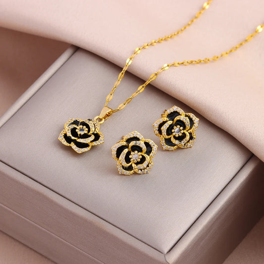 Jewelry Set - Black Rose Pendant Necklace Earrings Stainless Steel Set