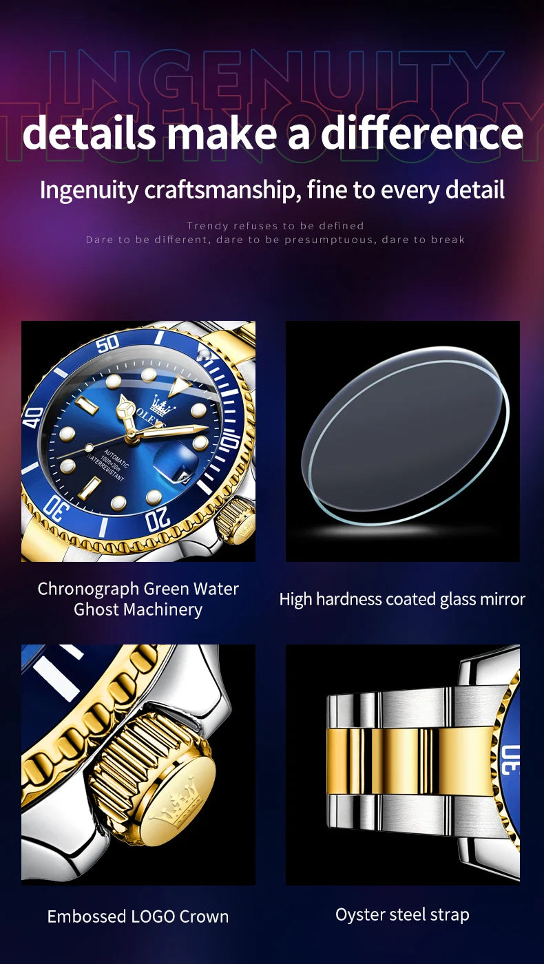 Montre homme OLEVS 6650, classique et originale, automatique, mécanique, avec index en zircon, étanche et lumineuse, en acier inoxydable.