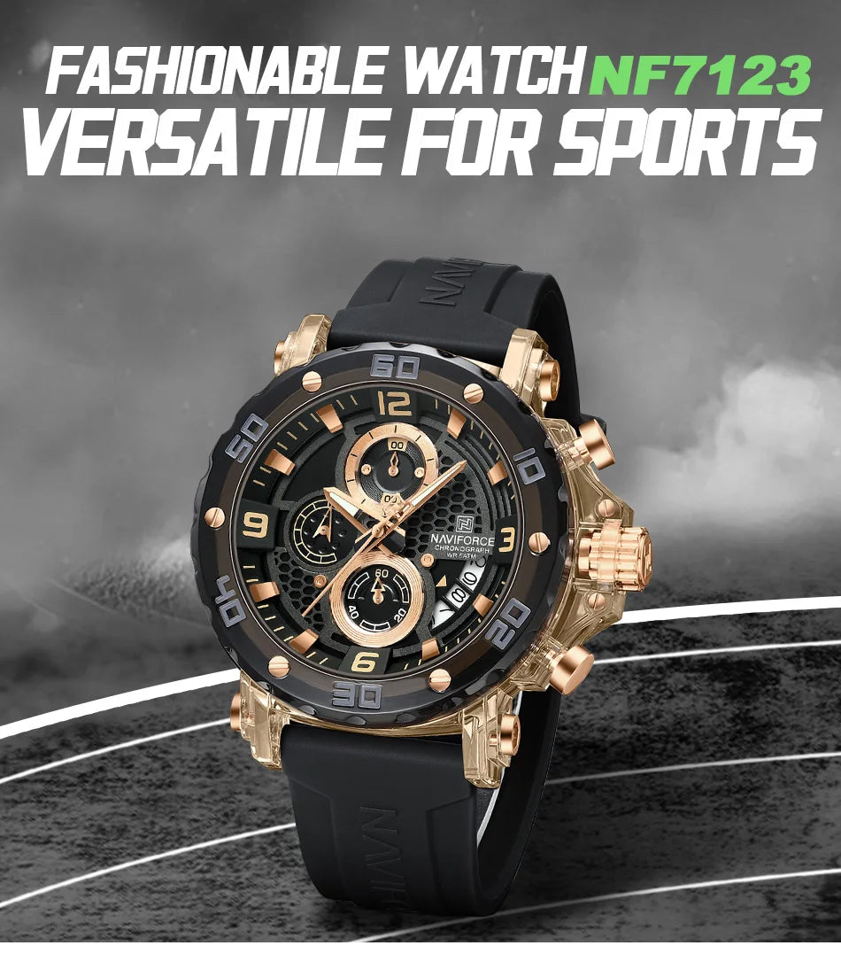 ساعة NAVIFORCE للرجال كوارتز عصرية مقاومة للماء حتى 5ATM ساعات رجالية كرونوغراف عقارب مضيئة حزام سيليكون خفيف الوزن