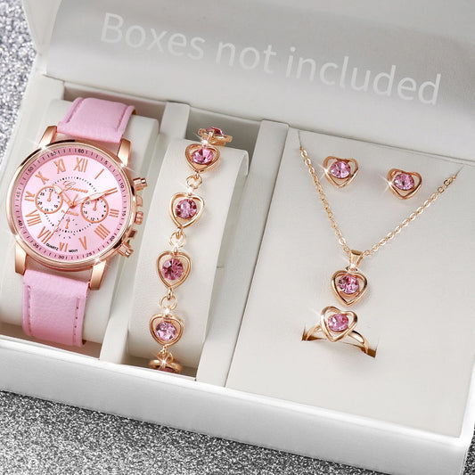 Women's Watch Set - 5pcs Rhinestone Heart Jewelry Geneva Watches