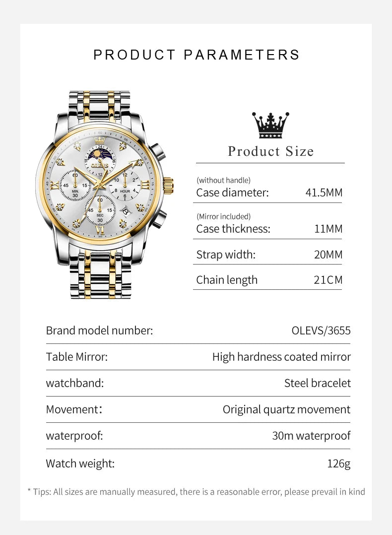 ساعة OLEVS 3655 Moon Phase Classic Three Eye Dial للرجال من الفولاذ المقاوم للصدأ للرجال بإبزيم الفراشة وساعة كوارتز مقاومة للماء