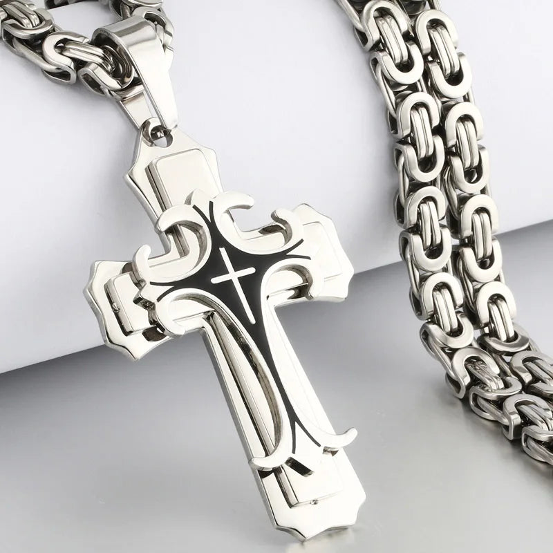 Collier croix pour homme - Croix latine chrétienne de la Trinité en acier inoxydable
