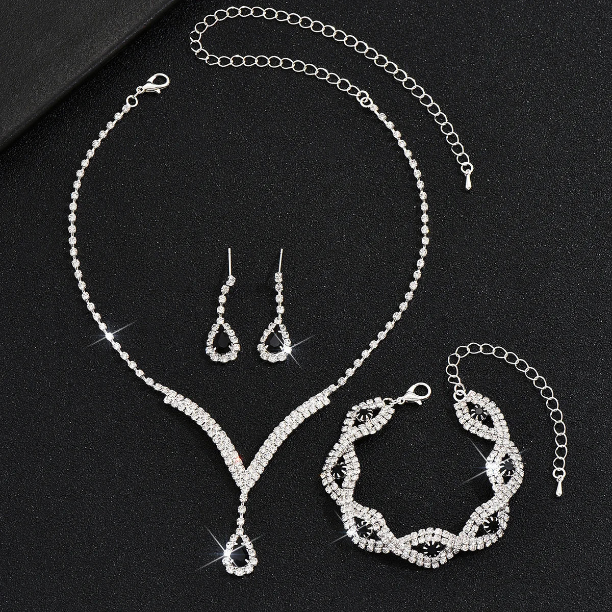 Jewelry Set - 3pcs Luxury Rhinestone Bride Black Crystal Wedding Set