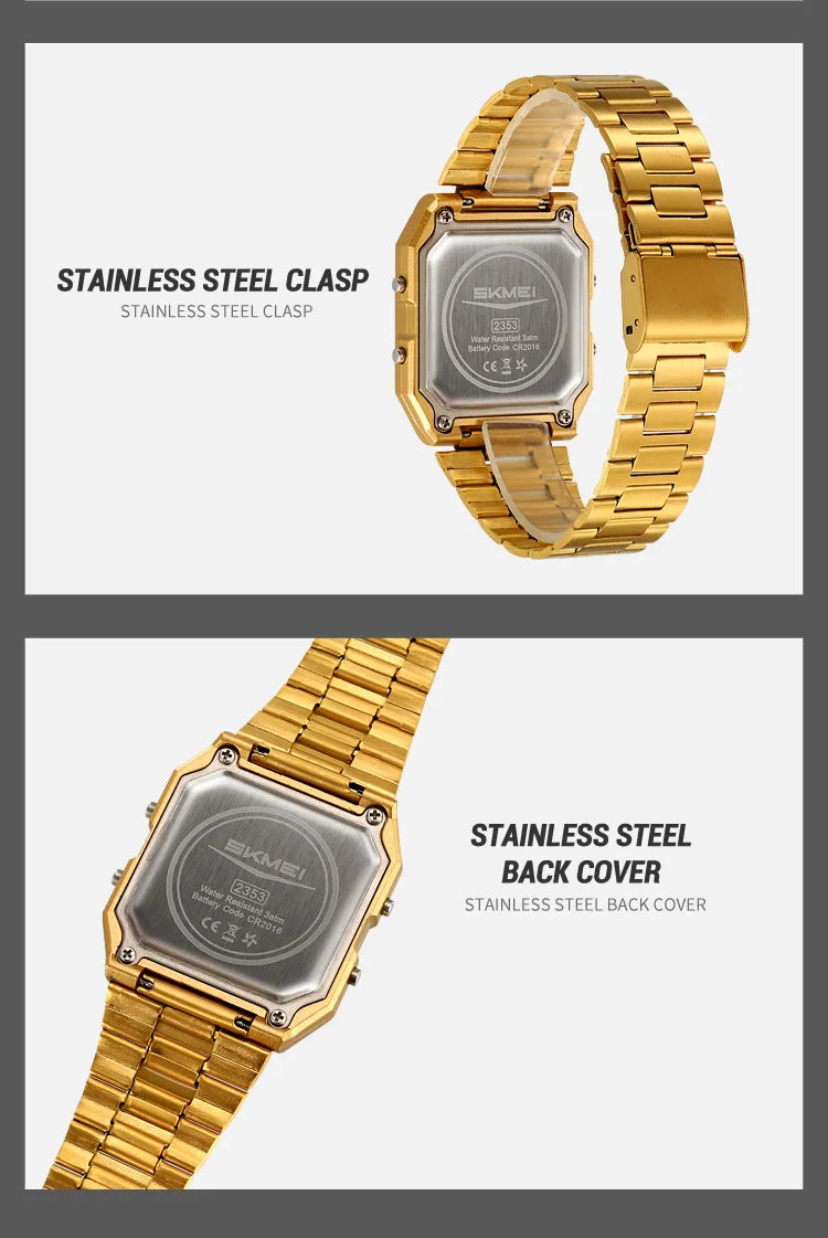 ساعة سكمي الإلكترونية الرقمية العالمية للرجال والنساء مقاومة للماء والرياضات الخارجية بسوار من الفولاذ المقاوم للصدأ ساعات يد للرجال