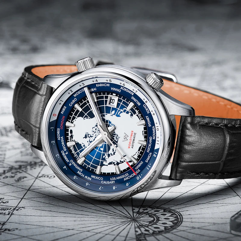 Montre WM automatique mécanique pour homme, haute qualité, verre saphir, heure mondiale, marque originale reconnue Welly Merck, référence WM057