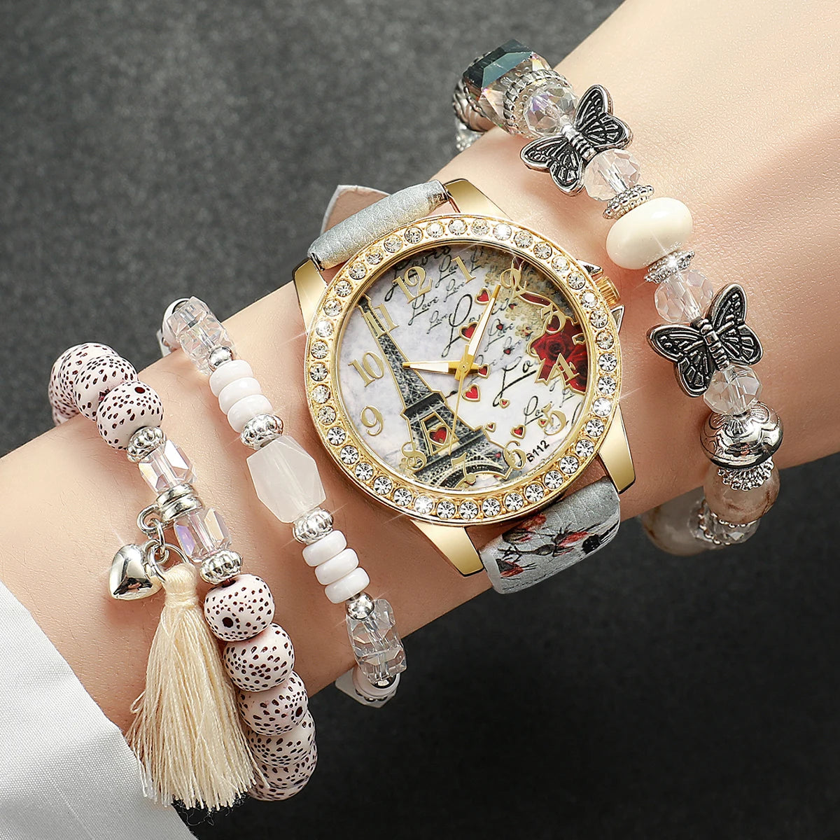 Women's Watch Set - 3/4/5pcs Rhinestone Flower Leather Band Watches