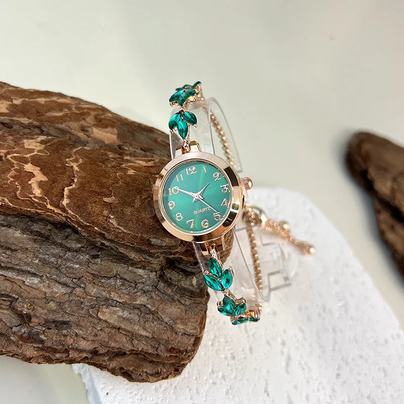 Montre à quartz pour femme - Bracelet en diamant feuille, montre élégante