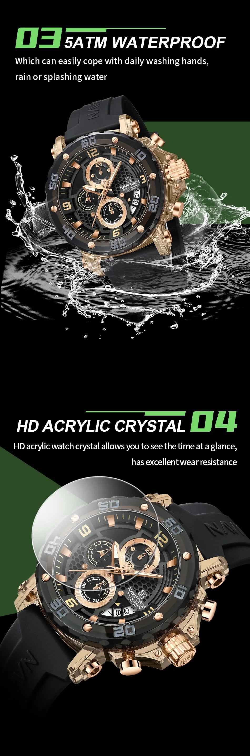 ساعة NAVIFORCE للرجال كوارتز عصرية مقاومة للماء حتى 5ATM ساعات رجالية كرونوغراف عقارب مضيئة حزام سيليكون خفيف الوزن