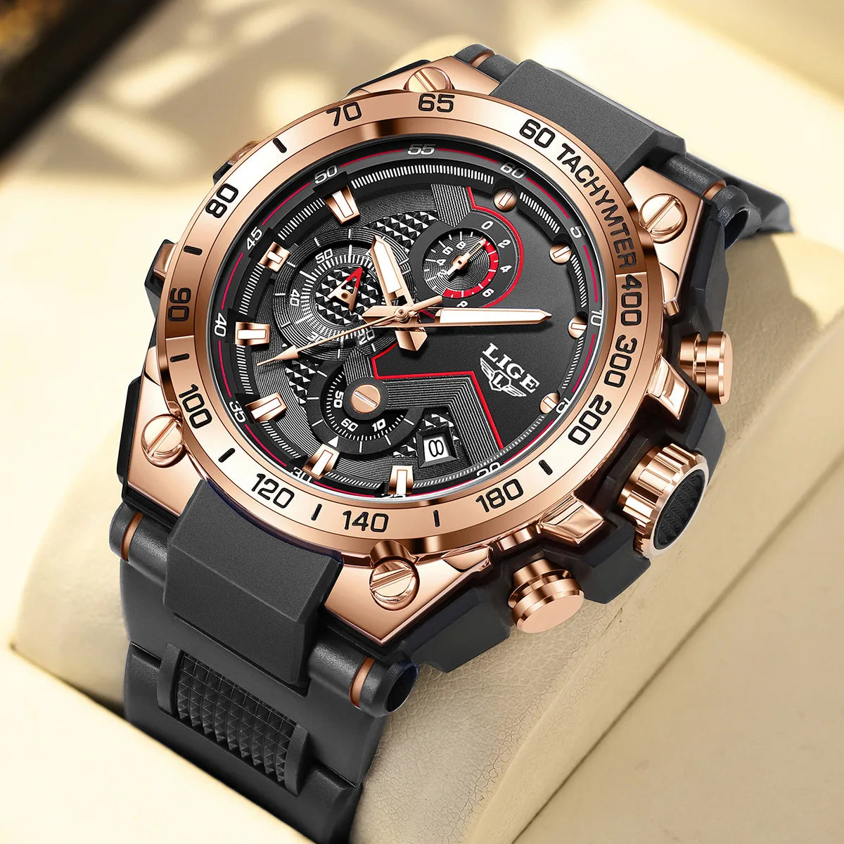 ساعة LIGE الجديدة للرجال متعددة الوظائف بحزام من السيليكون مقاومة للماء وتقويم مضيء وساعات كوارتز رياضية أنيقة للرجال