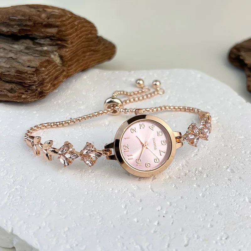 Montre à quartz pour femme - Bracelet en diamant feuille, montre élégante
