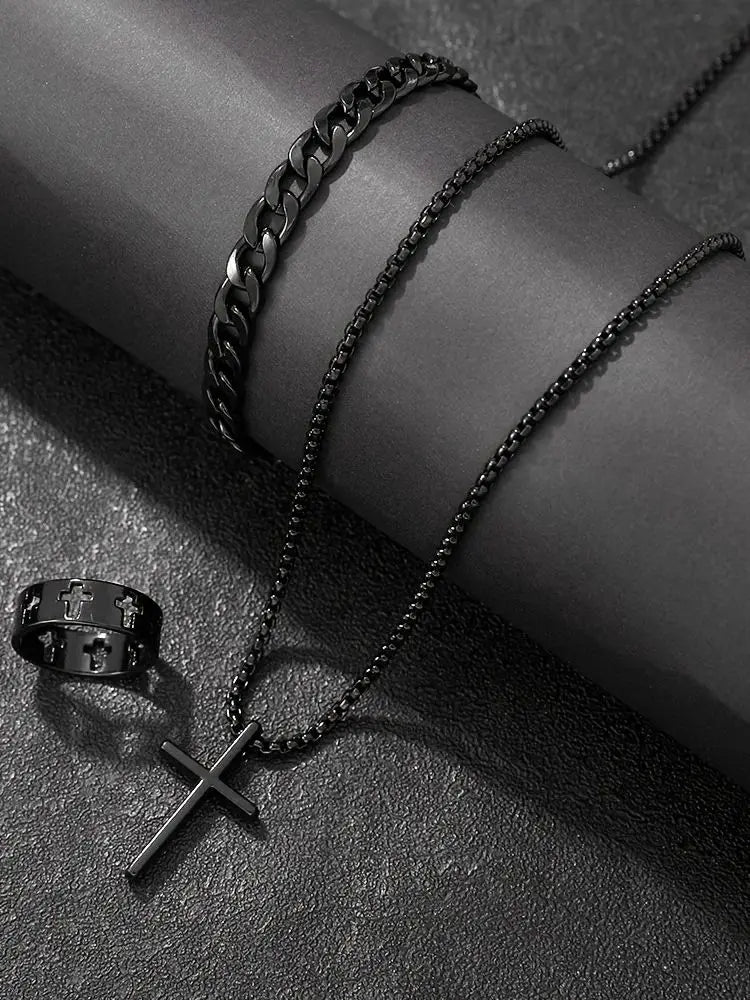Men's Jewelry Set - 3pcs Cross Pendant Necklace Bracelet Ring Set