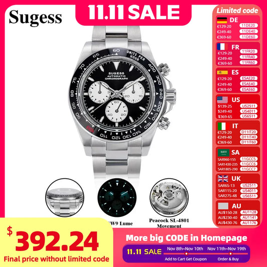 Montre homme Sugess Panda Diver Chronograph, mouvement automatique Paon SL-4801, montre-bracelet mécanique de luxe étanche, nouveauté 2024