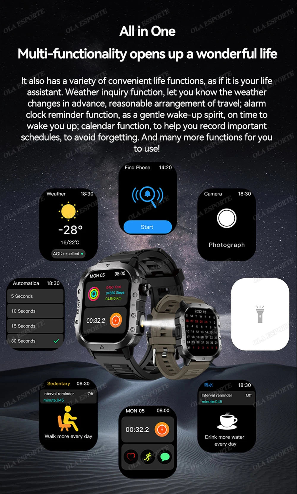 Outdoor Sports Smart Watch - 2.01" HD Screen LED Flashlight GPS Tracker